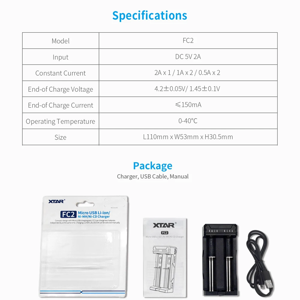 XTAR FC2 Charger Charging 1.2V AAAA AAA AA C SC Rechargeable Li-ion Batteries 18350 18500 18700  21700 18650 Battery Charger