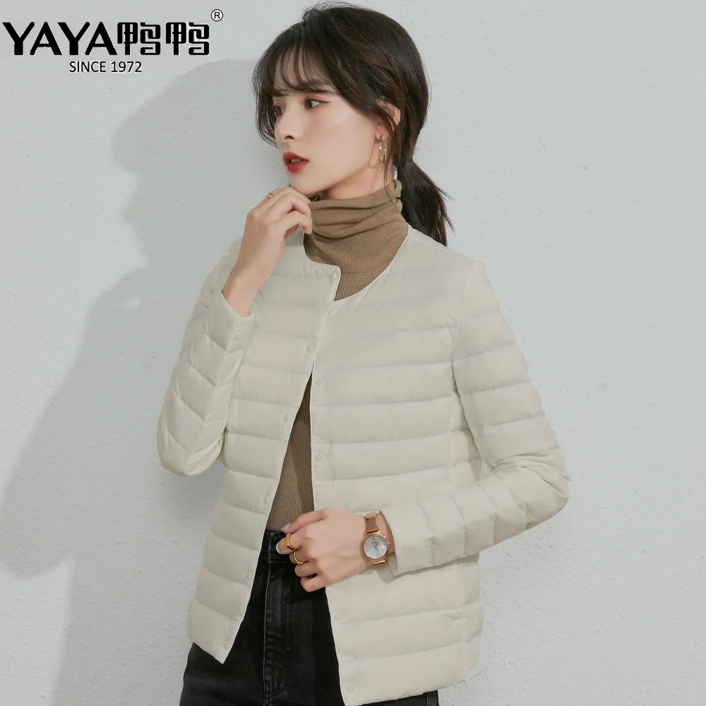 YAYA 2023 Spring New High Quality Women\'s Duck Down Jacket Lightweight Thin Short O and V Collar Warm Solid Color Outerwear