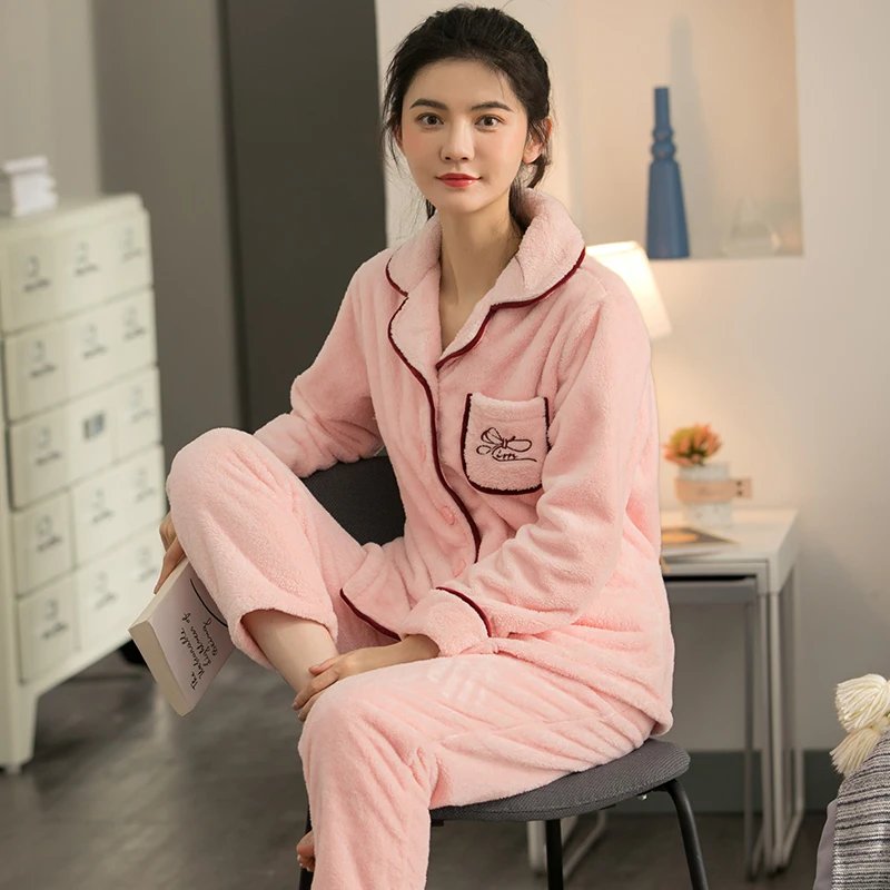 Women Pajamas Set Winter Thick Warm Long Sleeve Flannel Sleepwear Loose M-3XL Homewear