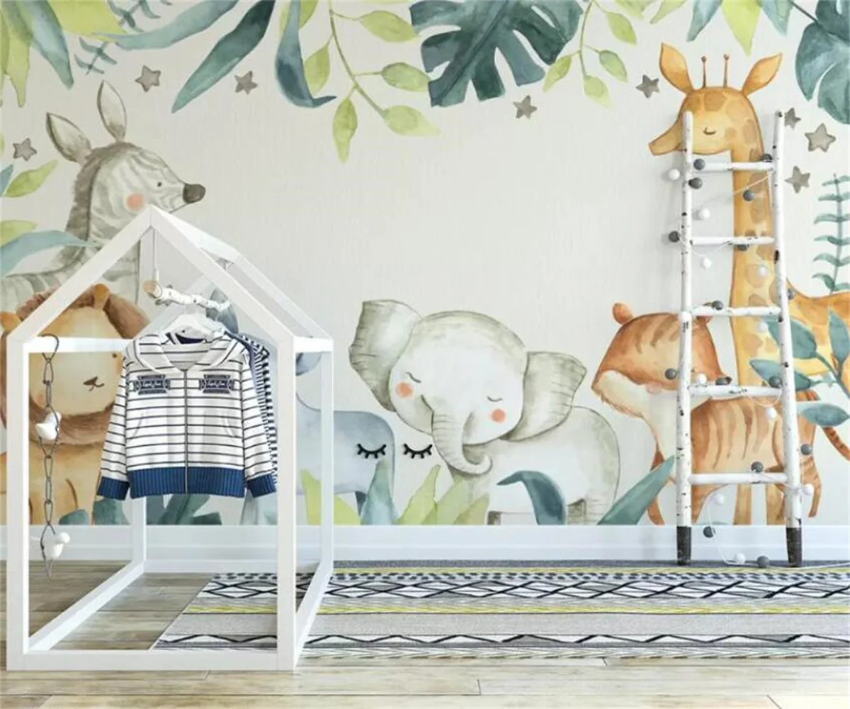 Custom wallpaper modern cartoon animal tropical giraffe watercolor plant Children's room background decorate 3d wallpaper