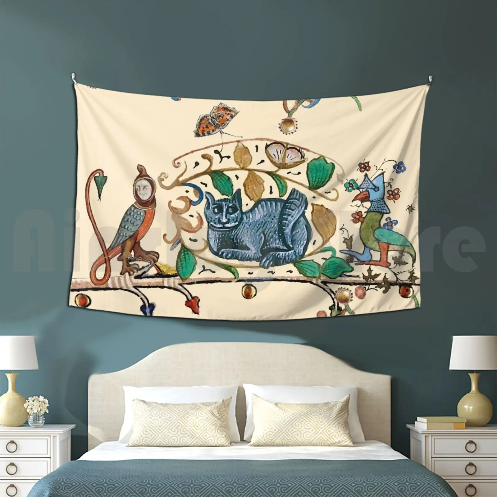 Weird Medieval Bestiary Hunter Cat , Knight Bird And Falcon Monk Tapestry Living Room Bedroom Falcon Hawk Monk