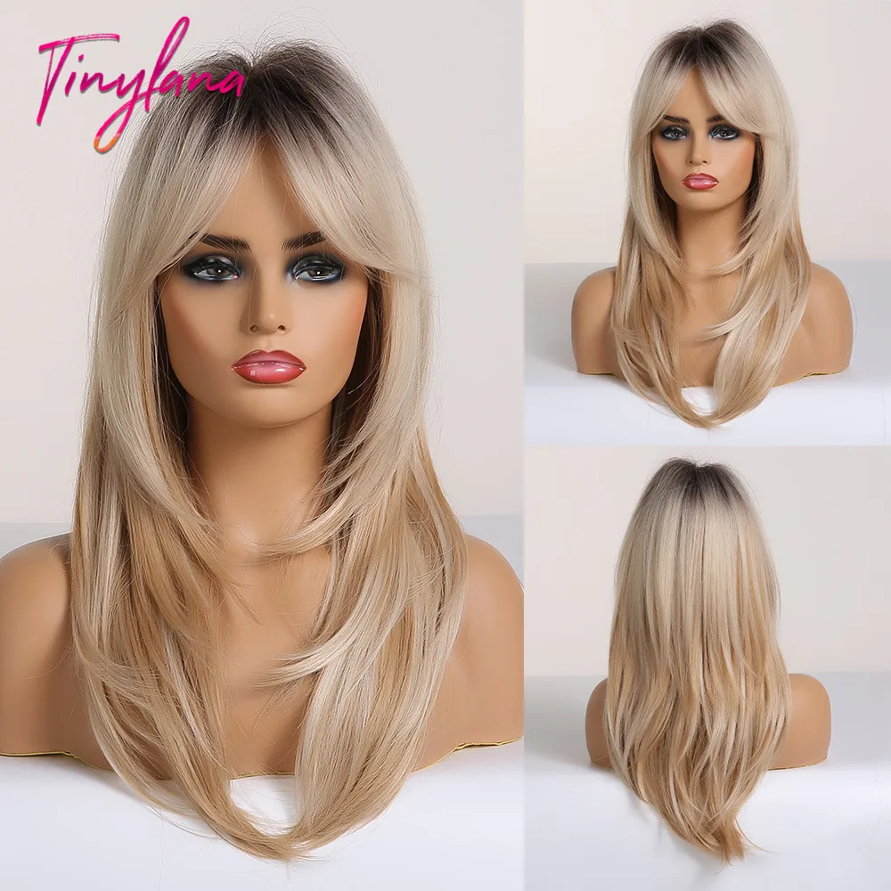 TINY LANA Synthetic Black to Blonde Omber Wigs with Bangs Wavy Hair Wigs for Women Medium Length Layered Cosplay Heat Resistant