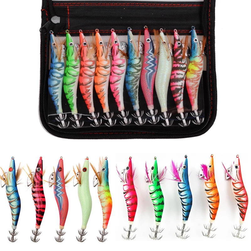 10Pcs/Bag New Squid hook Wood Shrimp Jigs bait 12g-21g Artificial Baits 3D Eyes Luminous Cuttlefish Octopus hooks lure fishing