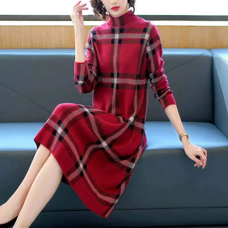 Red Plaid Stand Collar Dress Women's Autumn and Winter Women's Mid-Length over the Knee Woman Dress Vestido De Mujer Femme Robe