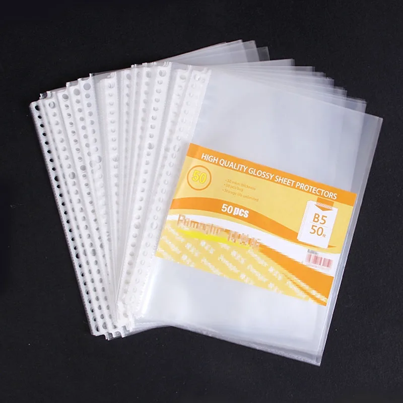 

50pcs B5 Transparent Plastic Clip File Folder Inner Page Sheet 5C Thickness Folder Bag 26Holes Loose Leaf Documents Protectors