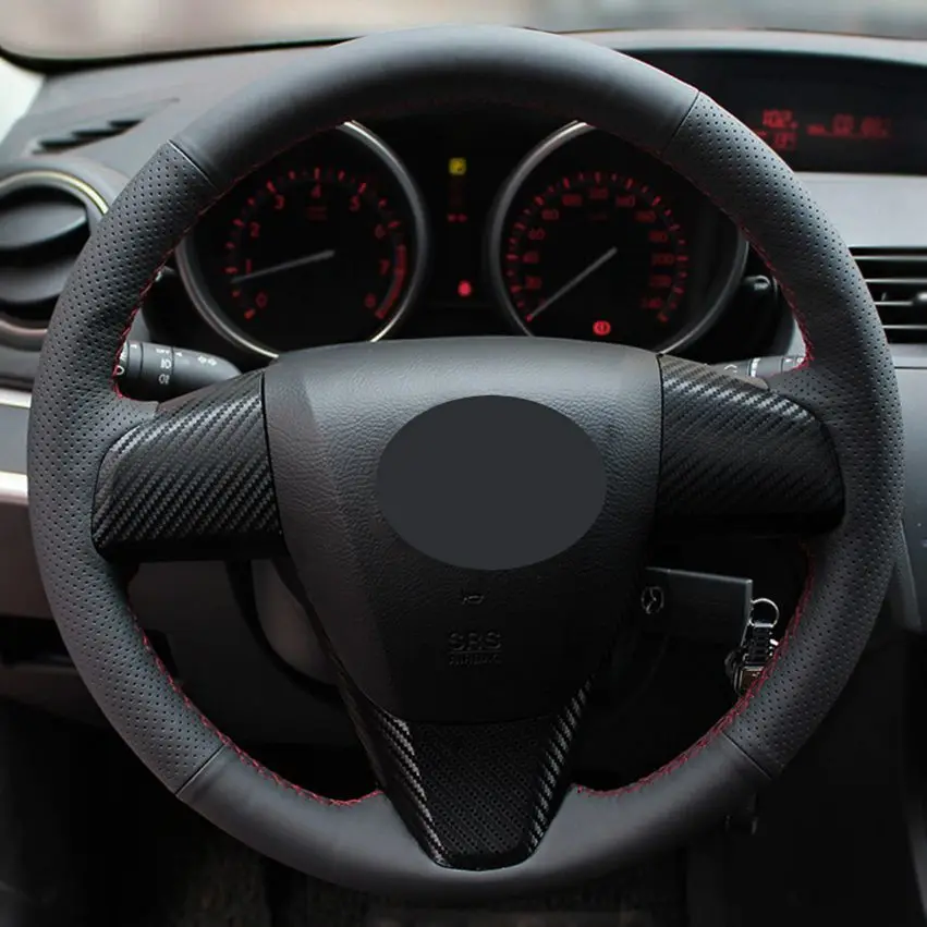 Handgenähter Auto-Lenkradbezug aus schwarzem PU-Kunstleder für alte Mazda 3, Mazda 5, Mazda 6 2003–2015 – Detail 3