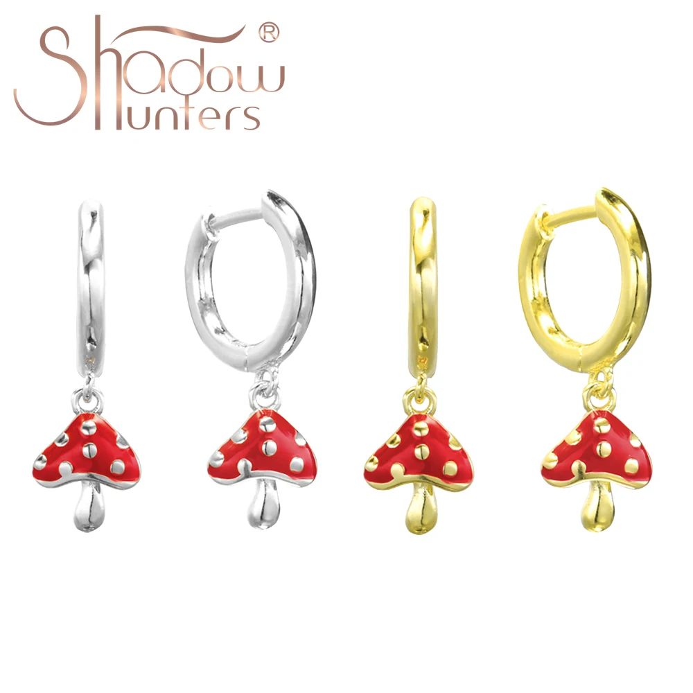 SHADOWHUNTERS 100% 925 Sterling Silver Dangle Red Mushroom Huggies Drop Earrings For Women Charming Earrings Jewellery Piercings