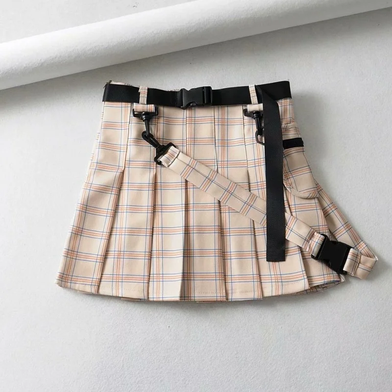 Preppy Summer Style High Waist Sashes Womens Pleated Skirts Solid Plaid Pockets Slim Fit Fashion Female A-Line Shorts Skirts