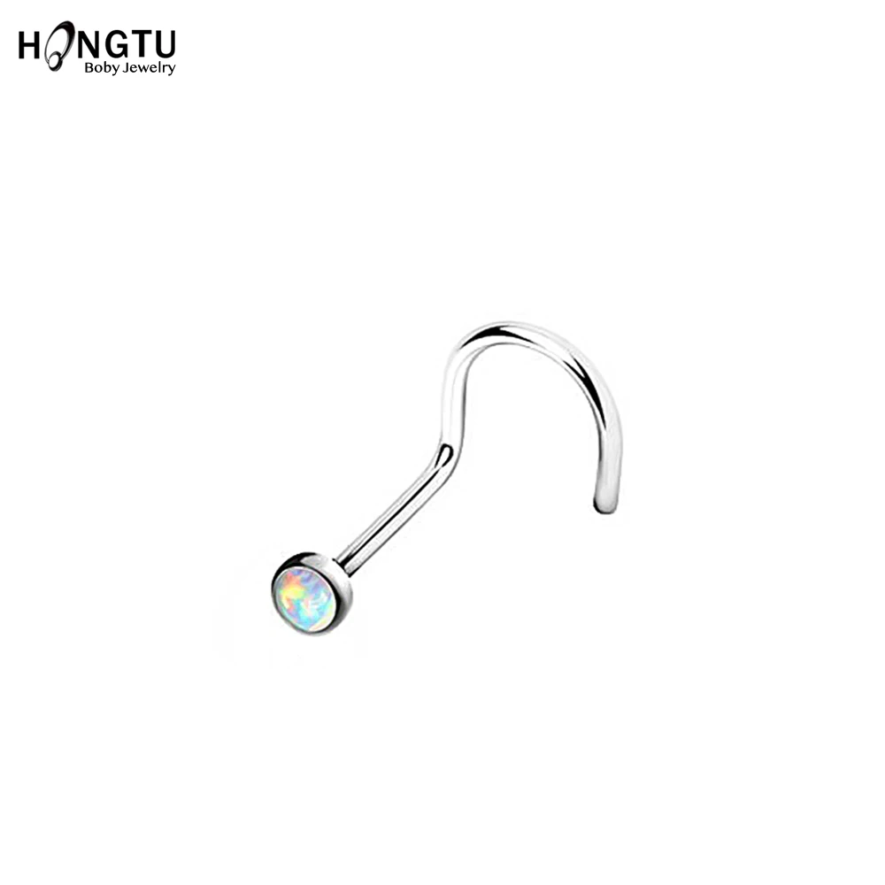 HONGTU 1Pc Opal Nose Screw Rings 20g Steel Nose Piercing Body Jewelry Indian Nose Stud for Women Girls Round Nostril Piercings