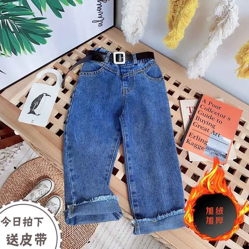 2024 Spring Autumn Girls Fashion Wide Leg Jeans Pant with Belt Baby Kids Children Denim Trousers