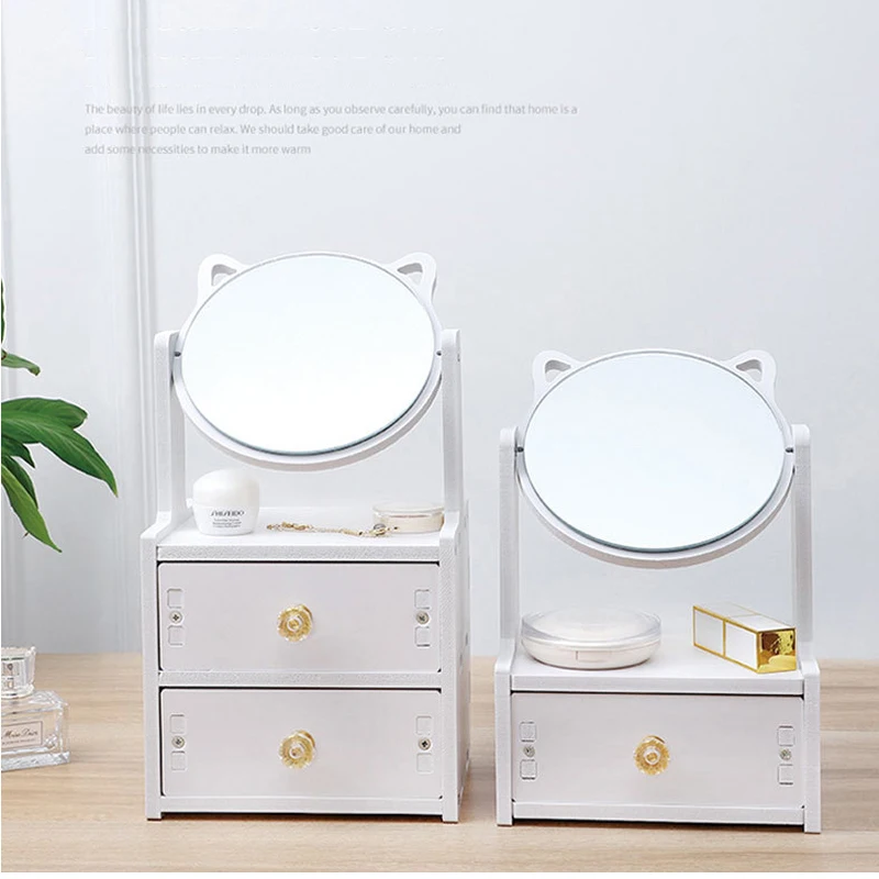 Rotate Makeup Mirror with Drawers Cosmetic Storage Box Dressing Table Jewelry Organizer Desktop Necklace Rack Rings Earring Case