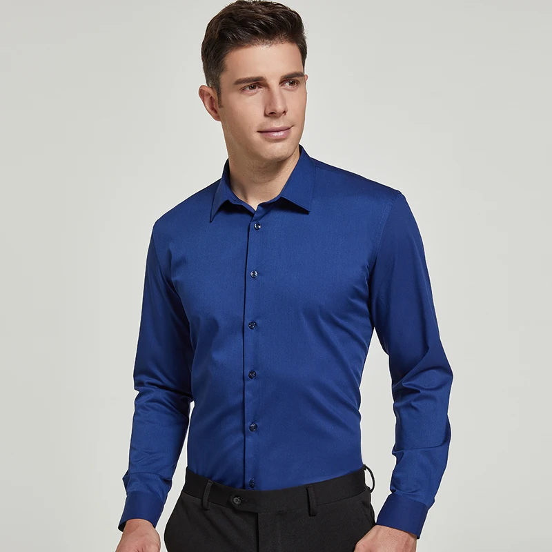 Camisas de vestir elásticas de fibra de bambú para hombre, camisas de manga larga sin bolsillo, de ajuste estándar, para negocios, trabajo y