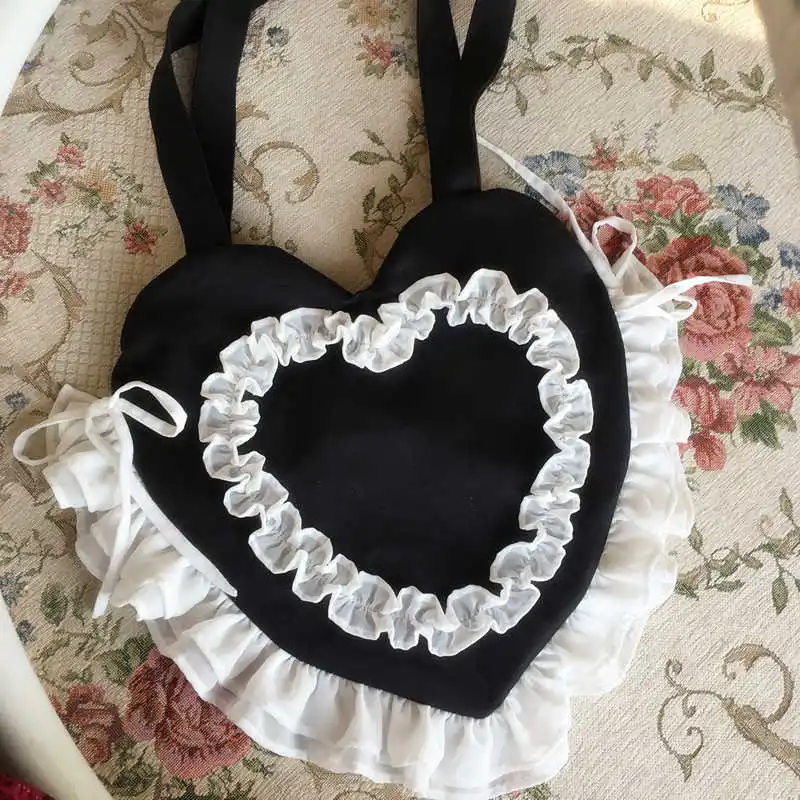 Japanese Princess Lolita Lolita ruffled heart-shaped canvas bag Soft Girl Cos Loli Tea Party College style handmade shoulder bag