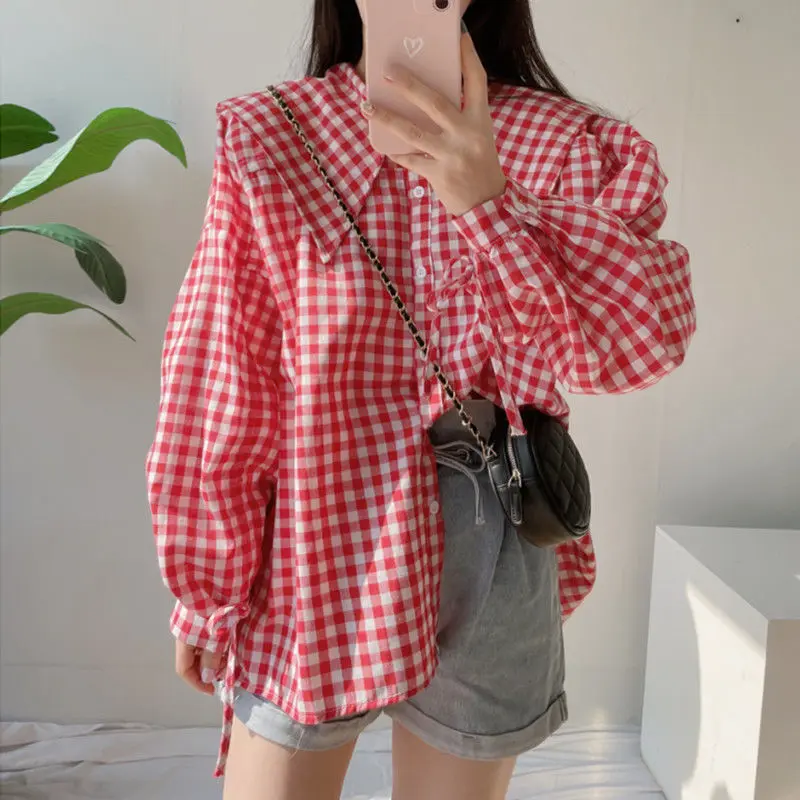 Shirts Women Plaid Peter Pan Collar Tops Design Clothing All-match Girls Lovely Puff-sleeve Korean Style Popular Tender Trendy