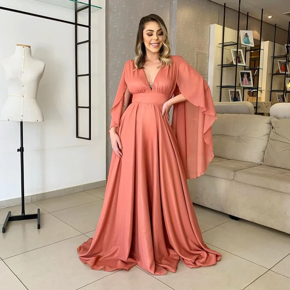 Seksowna głębokie V Neck długa formalna suknia wieczorowa z Cape Backless linia eleganckie sukienki studniówkowe Plus rozmiar proste sukienki na przyjęcie Vestidos