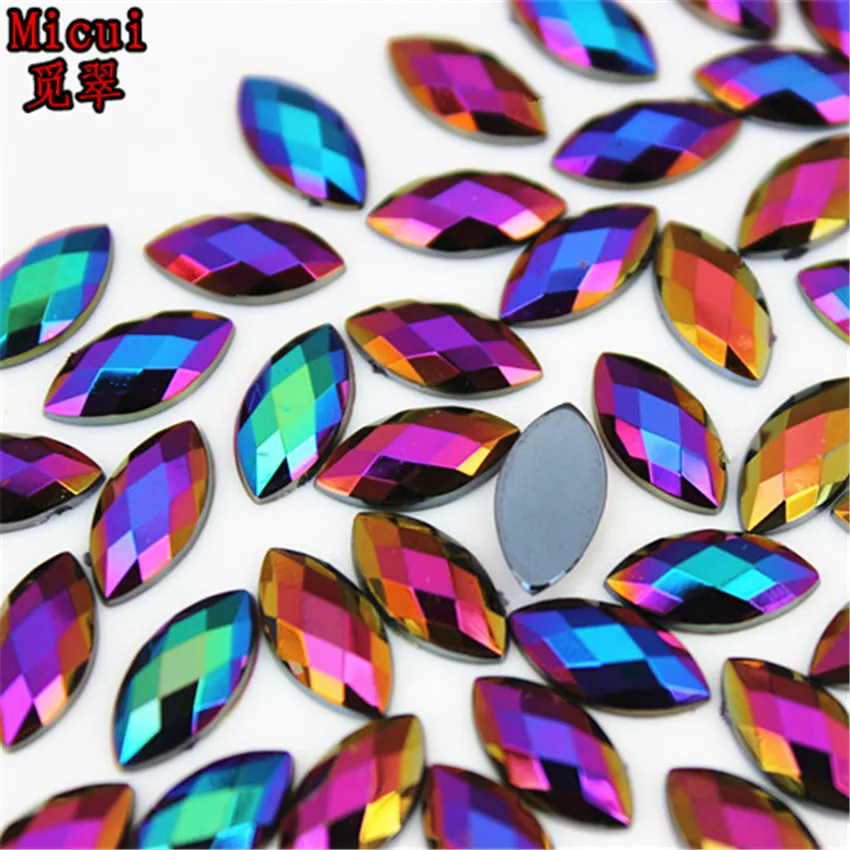 Micui 200pcs 6*12mm Horse Eye Rhinestones Flat Back Acrylic Gems Crystal Stones Non Sewing Beads for DIY Clothes MC350