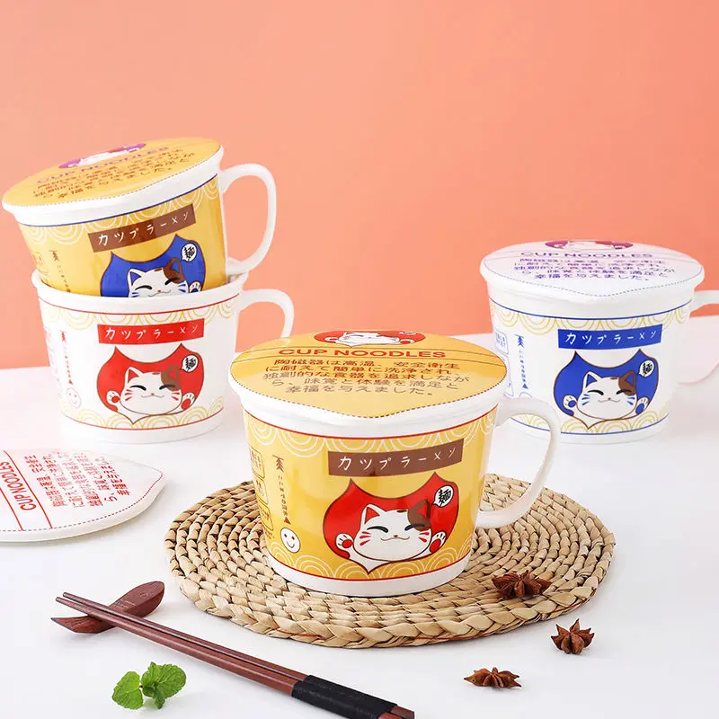 cat noodle Cup bowl ins style creative with cover box Student lunch box instant noodle soup bowl set dinner lunch Ceramic bowl