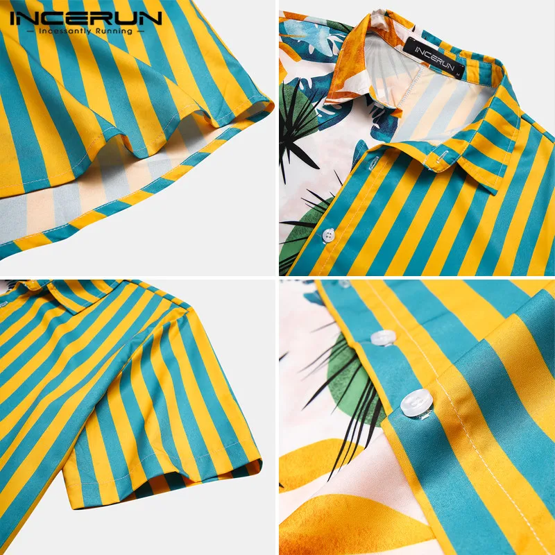 Fashion Men Hawaiian Shirt Short Sleeve Streetwear Print Striped Patchwork Summer Chic Blouse 2023 Beach Camisas INCERUN S-5XL