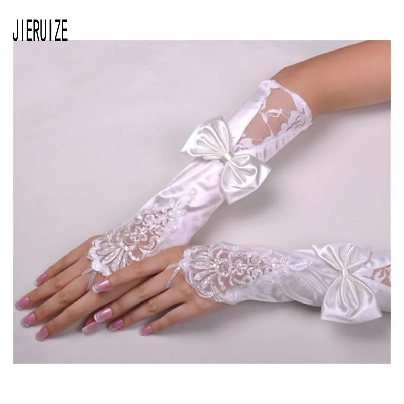 JIERUIZE 2020 Latest Elegant Satin Bridal Gloves White Lace Finger Gloves  Wedding Gloves Accessories With Bow Free Shipping