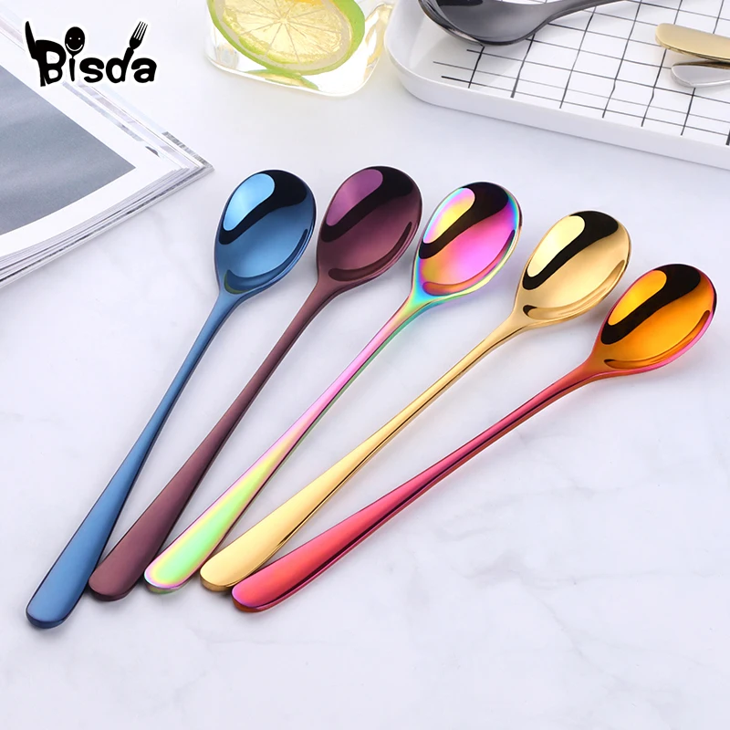 

8Pcs Korea Ice Spoons Stainless Steel Stirring Ladle Long Handle Desert Ice Cream Spoon Rainbow Table Tea Coffee Dinnerware