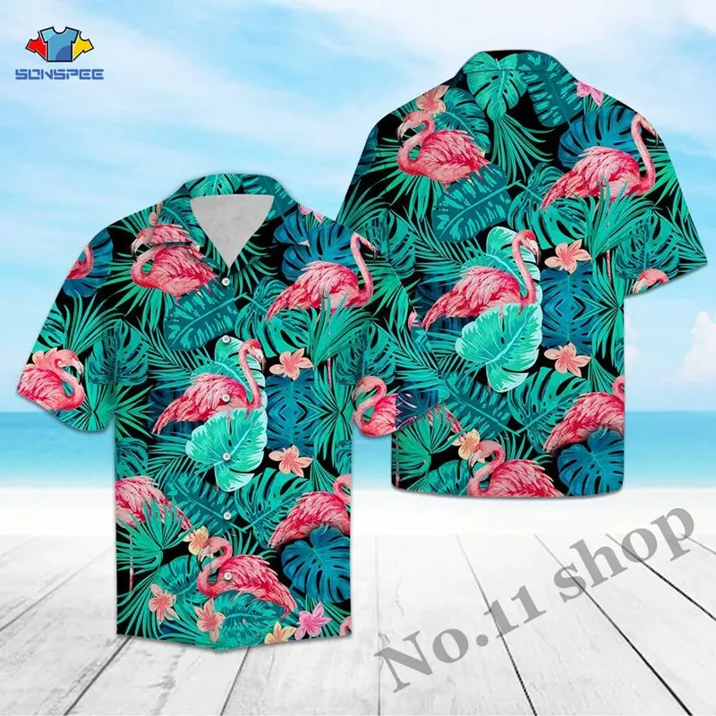 

Flamingo Hibiscus Tropical Hawaii 3D Printed Shirts Summer Beach Short Sleeve Men Harajuku Maple Leaf Weeds Holiday Clothing