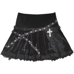 Ruibbit Original Dark Embroidered Lace Short Skirt with Bandage High Waist A-line Skirt