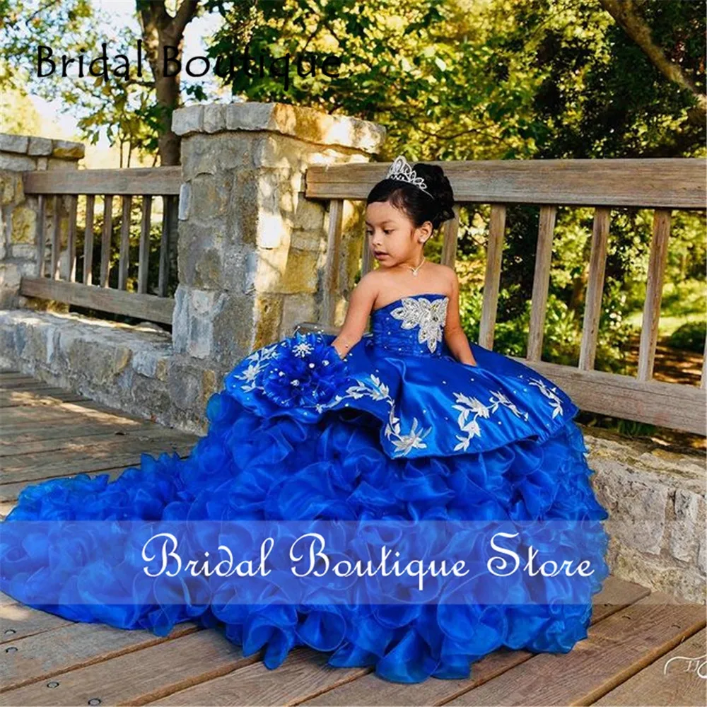 Azul real bonito crianças vestido de princesa strass cristais pageant vestidos inchado flores vestido da menina fotografia personalizado