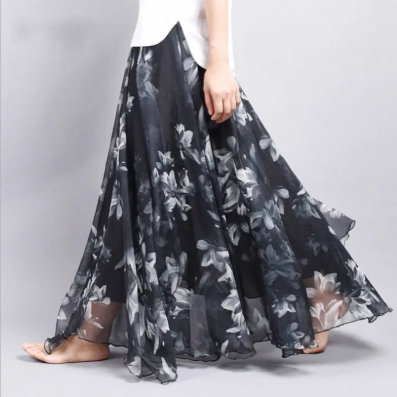 Women\'s Multicolor Floral Long Skirts, Elastic Waist, Printed Skirt, Mid-length, Elegant Pleated, Summer, New, 2021