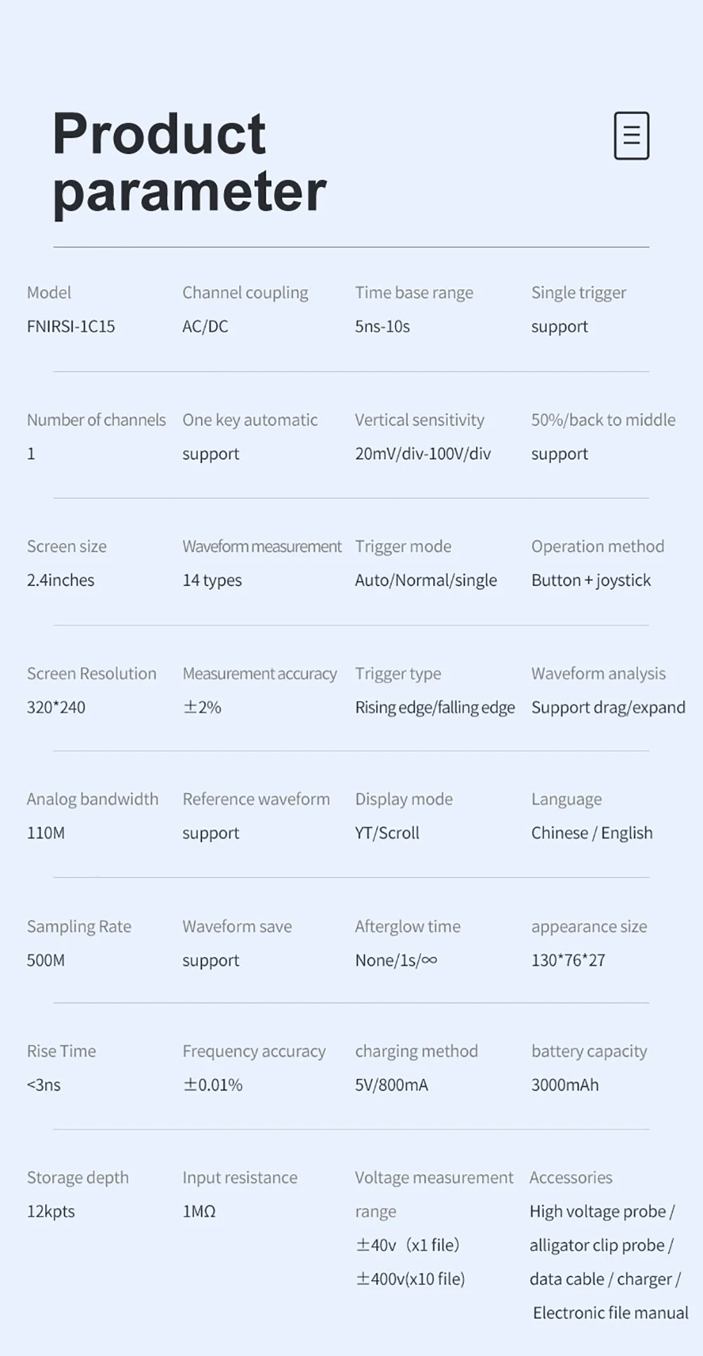 FNIRSI-1C15 Handheld Digital Oscilloscope 500MS/S Sampling Rate with 110MHz Bandwidth 1KHz/3.3V Square Wave