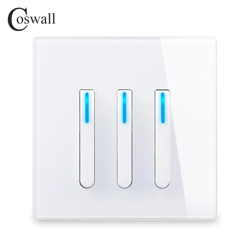 COSWALL 1/2/3/4 Gang 1/2 Way Piano Key Design On / Off Wall Light Switch Backlight Data CAT6 HDMI USB Charging Glass Panel White