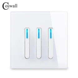 COSWALL 1/2/3/4 Gang 1/2 Way Piano Key Design On / Off Wall Light Switch Backlight Data CAT6 HDMI USB Charging Glass Panel White
