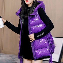 Women's Sleeveless Cotton Padded Parka Coat, Top Quality Winter Vest, Glossy Slim, Bright, Solid Zipper Hooded Waistcoat, Autumn