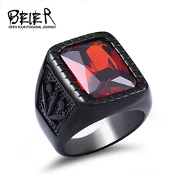 Beier 316L stainless steel Fashion Hiphop Black/Red Stone Ring Vintage Rock Men's Ring High Quality Jewelry LLBR8-698R