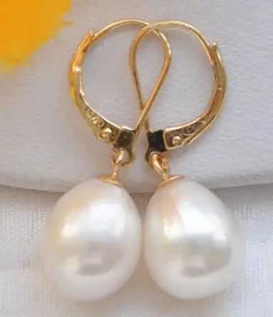 free shipping noble jewelry 14K Yellow Gold HOT Huge AAA+ 10-13mm White South Sea Pearl Earrings