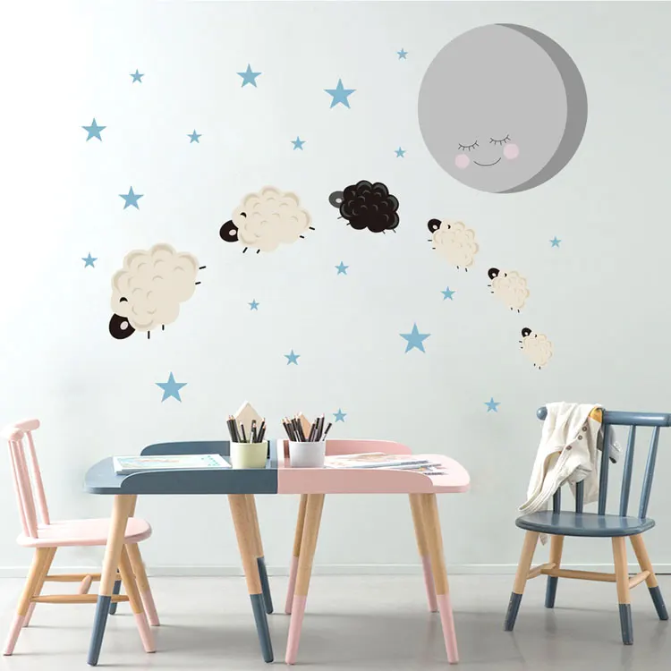 Cartoon Wenig Schafe Mond Sterne Wand Aufkleber Schlafzimmer Kinder Baby Zimmer Hause Dekoration Wandbild Kindergarten Tapete Niedlich Decals – Detail 2