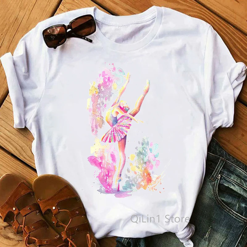 

Fashion Woman Ballet Dancer Print T Shirt Watercolor Graphic Short Sleeve Clothes Female Tshirt Harajuku Cute Casual Lady