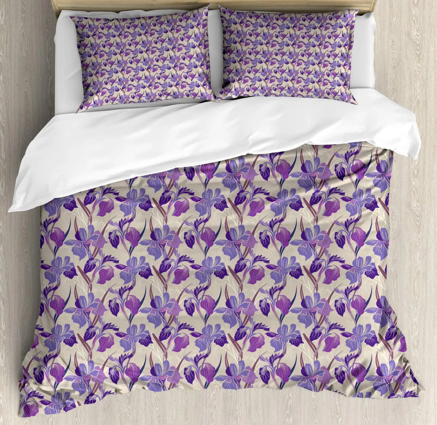 Floral Duvet Cover Set Digital Interpretation of Blooming Flowers 3 Piece Bedding Set Pale Tan Violet