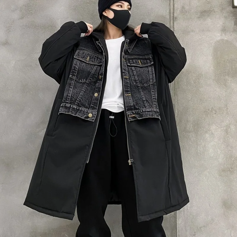 Style Korean Denim Spliced Fake Two Padded Coat Womens Casual Long Wide-Waisted Zippers Pockets High Street Hooded Jackets