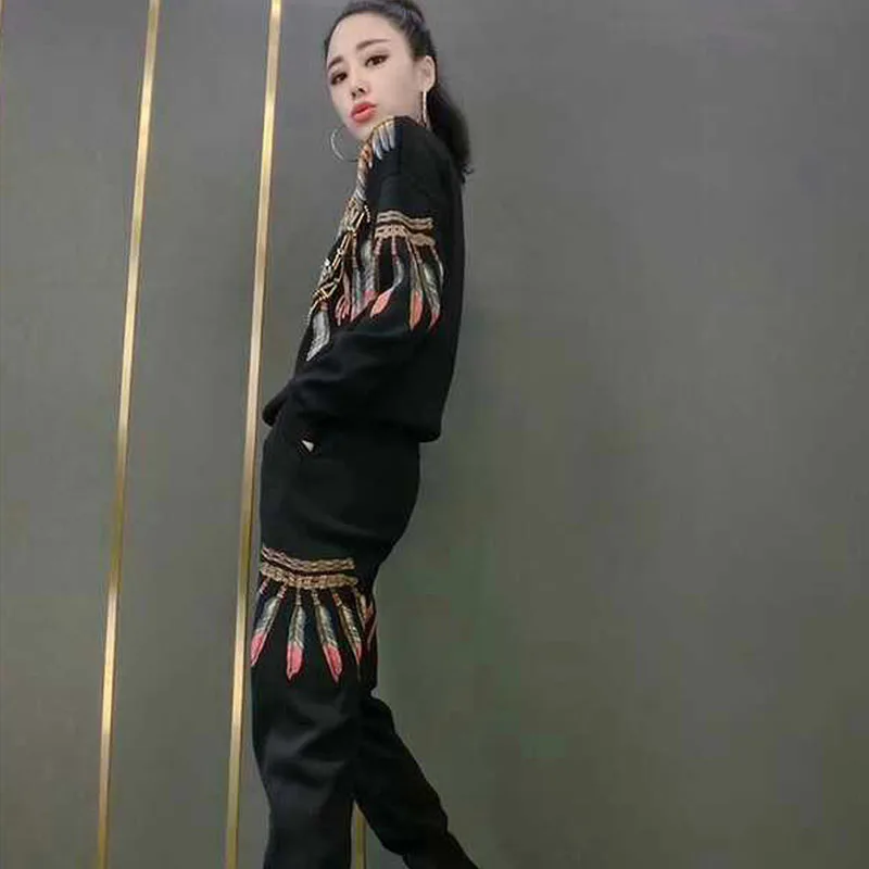 Manual Beaded Eagle Pattern print Casual Knitted Tracksuit Outfits Black O Neck Knitwear Pencil Pant Knit Sportswear Sets Female