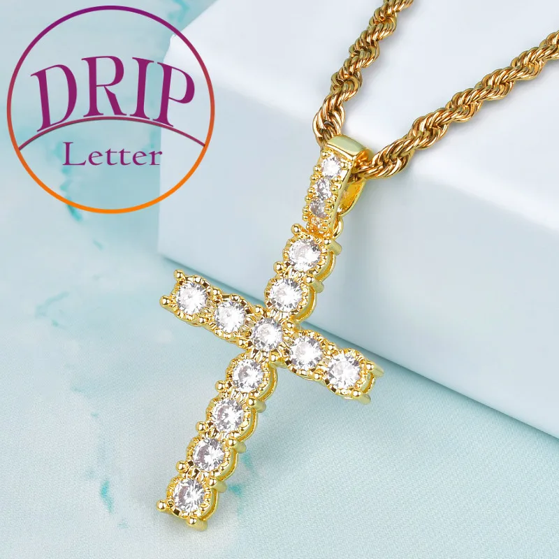 Zircon Cross Pendant Gold Color Iced CZ Necklace Men's Hip Hop Rock Street Jewelry