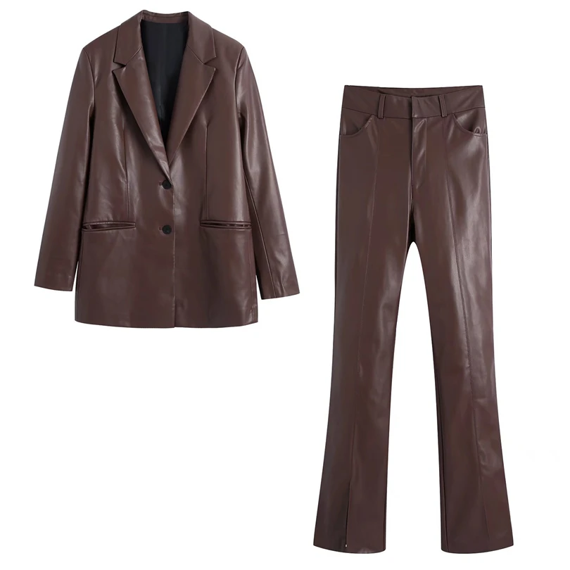 Ensemble veste et pantalon en cuir PU pour femme, streetwear, bureau, dames, revers, audisplit, haut, chancelier, printemps, automne, nouveau