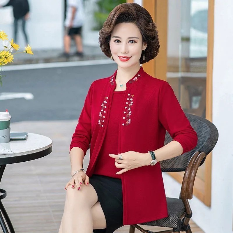 Women knitted Tops 2020 New Autumn Long Sleeve Fake Two Pieces Shirts Large Size Middle Age Female Beading Elegant 2PCS Set 2224