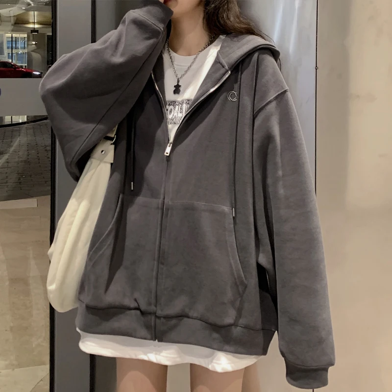 With Hat Hoodies Women Zip-up Spring Autumn Front Pocket Loose Korean Style Trendy Casual Students Elegant Chic All-match Coats