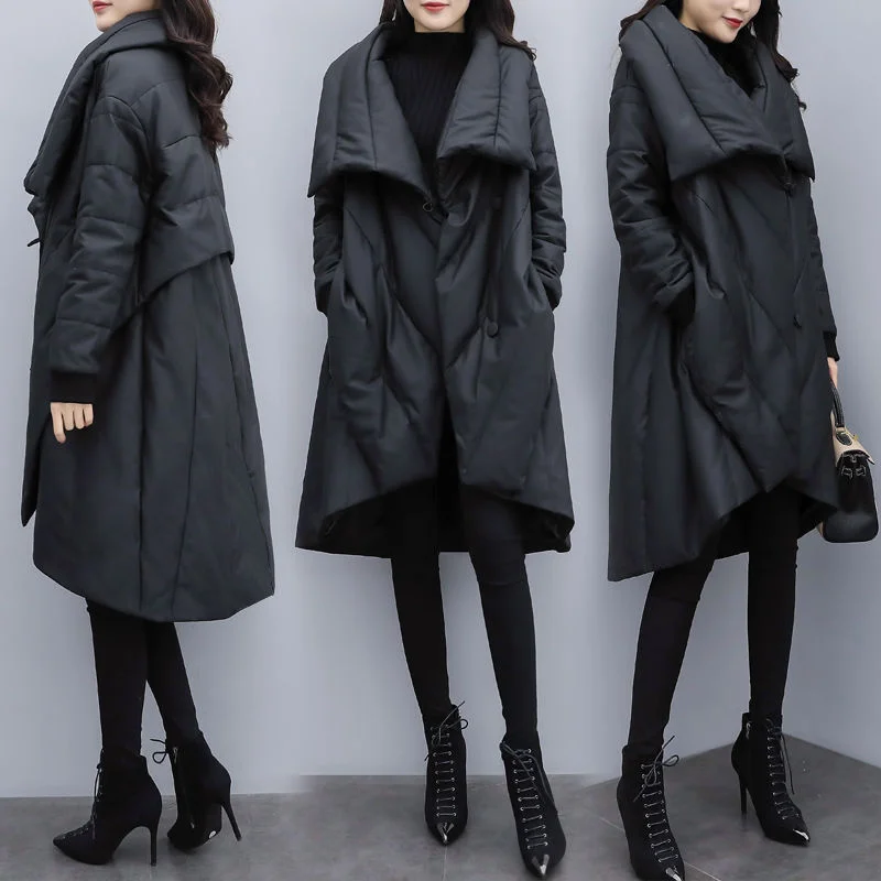 2024 Winter New Women Loose Fashion Mid-length Down Padded Cotton Jacket Female Black Slimming Cloak Jacket Buttons Thickeing