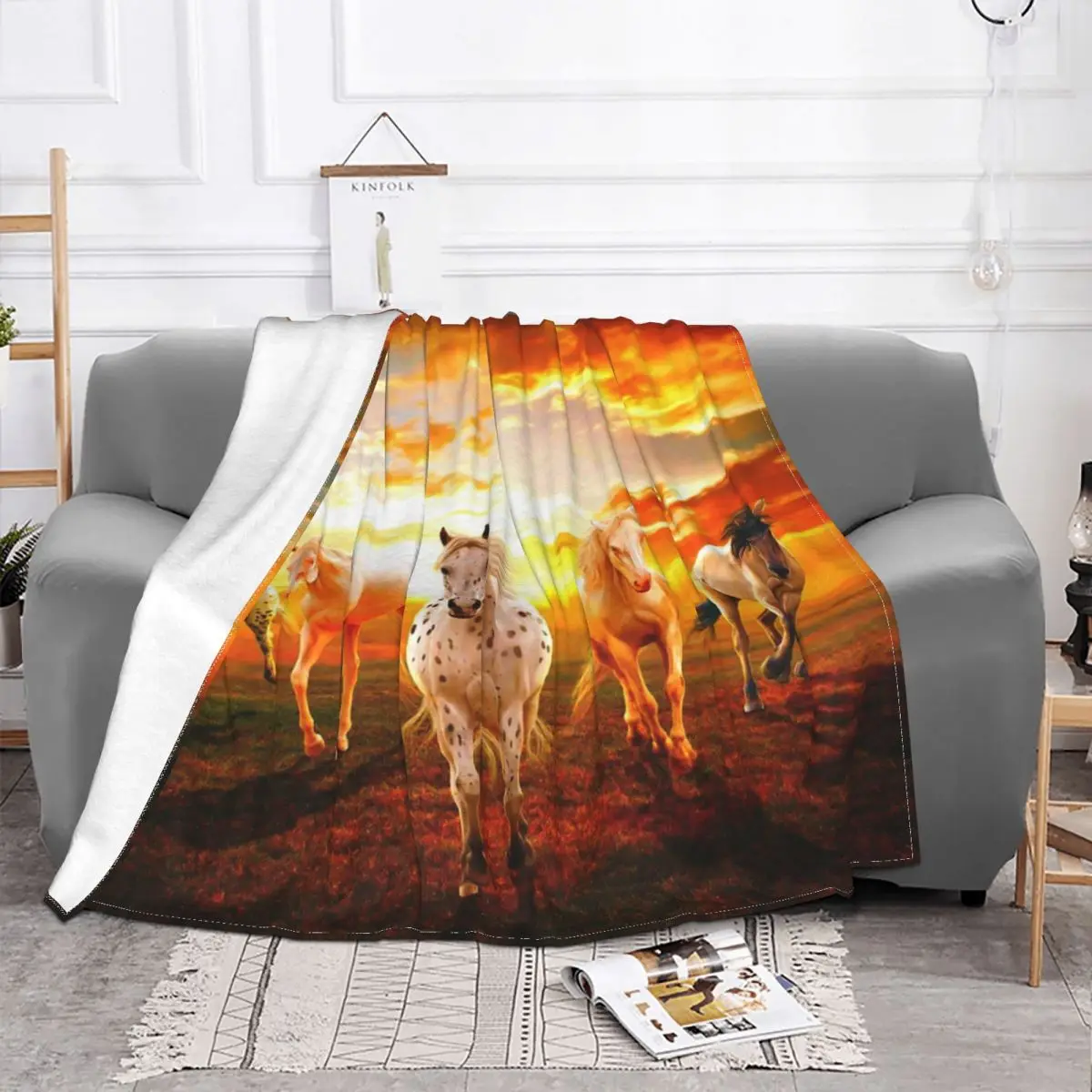 Sunset Horse Running Blanket Flannel Galloping Animal Lovers Ultra-Soft Throw Blanket for Car Sofa Couch Bedspread