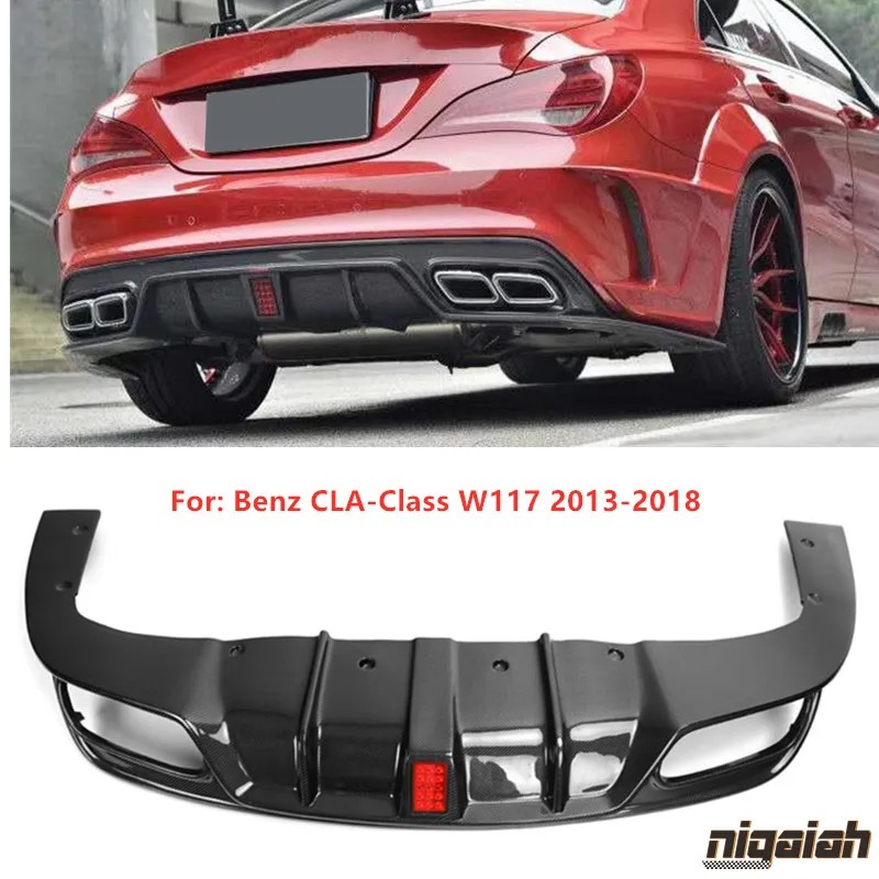 Carbon Fiber Rear Diffuser for Mercedes Benz W117 CLA-Class CLA220 CLA260 CLA45 2013-2018 Rear Bumper Lip Spoiler With LED Light