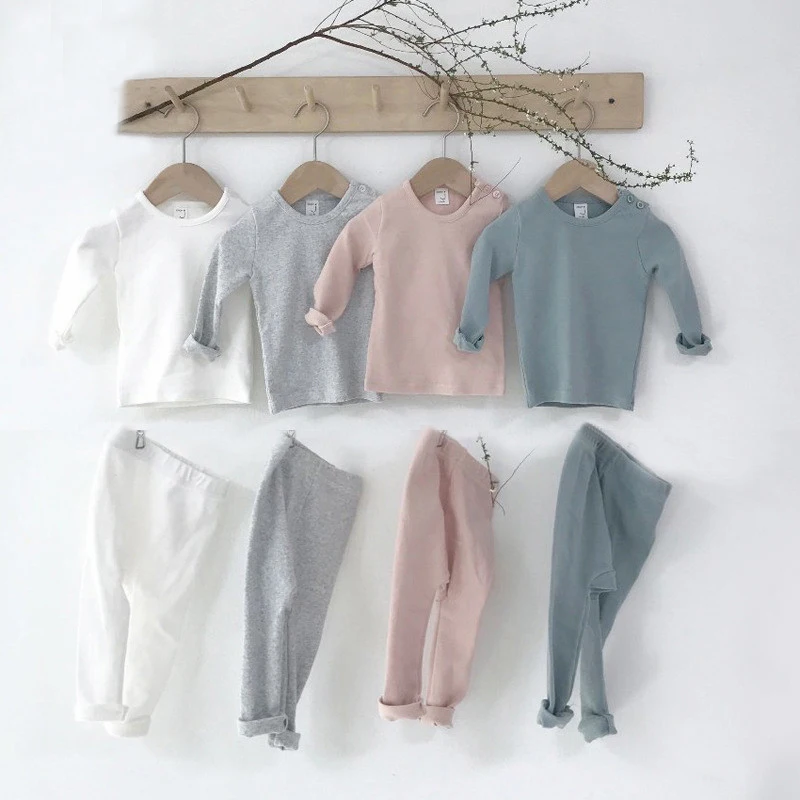 Baby Boy Girl Clothes Set Autumn Cotton Casual Solid Long Sleeve Tops+Pants for 0-24M Nightwear Baby Sleepwear Baby Boy Clothes