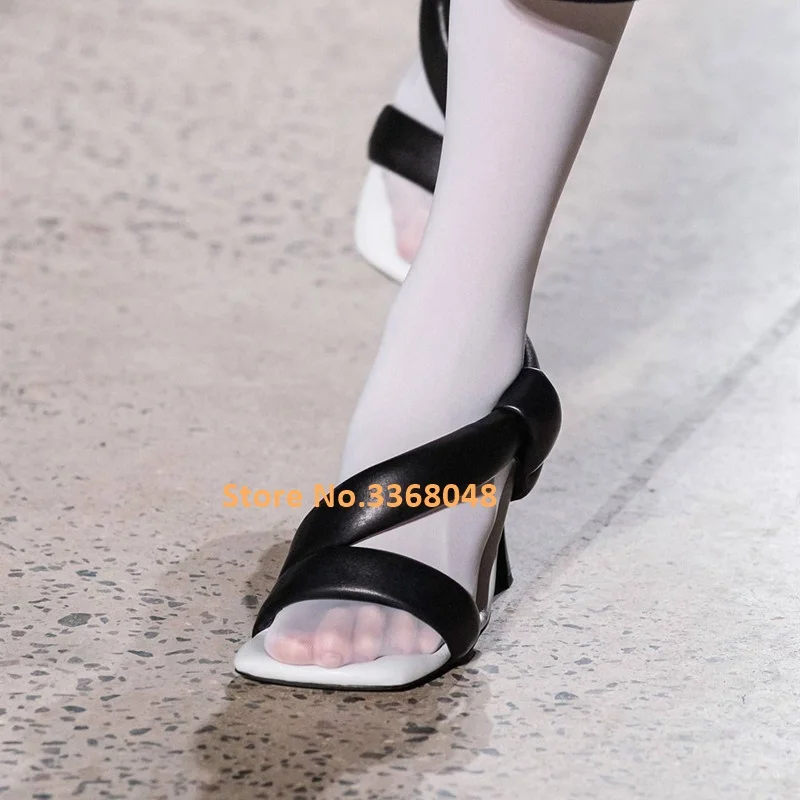 

Hand-woven Sponge Soft Leather Sandals Fashion European Square Toe Stiletto High Heel Solid Leather Shoes Runway Lady SlingBack