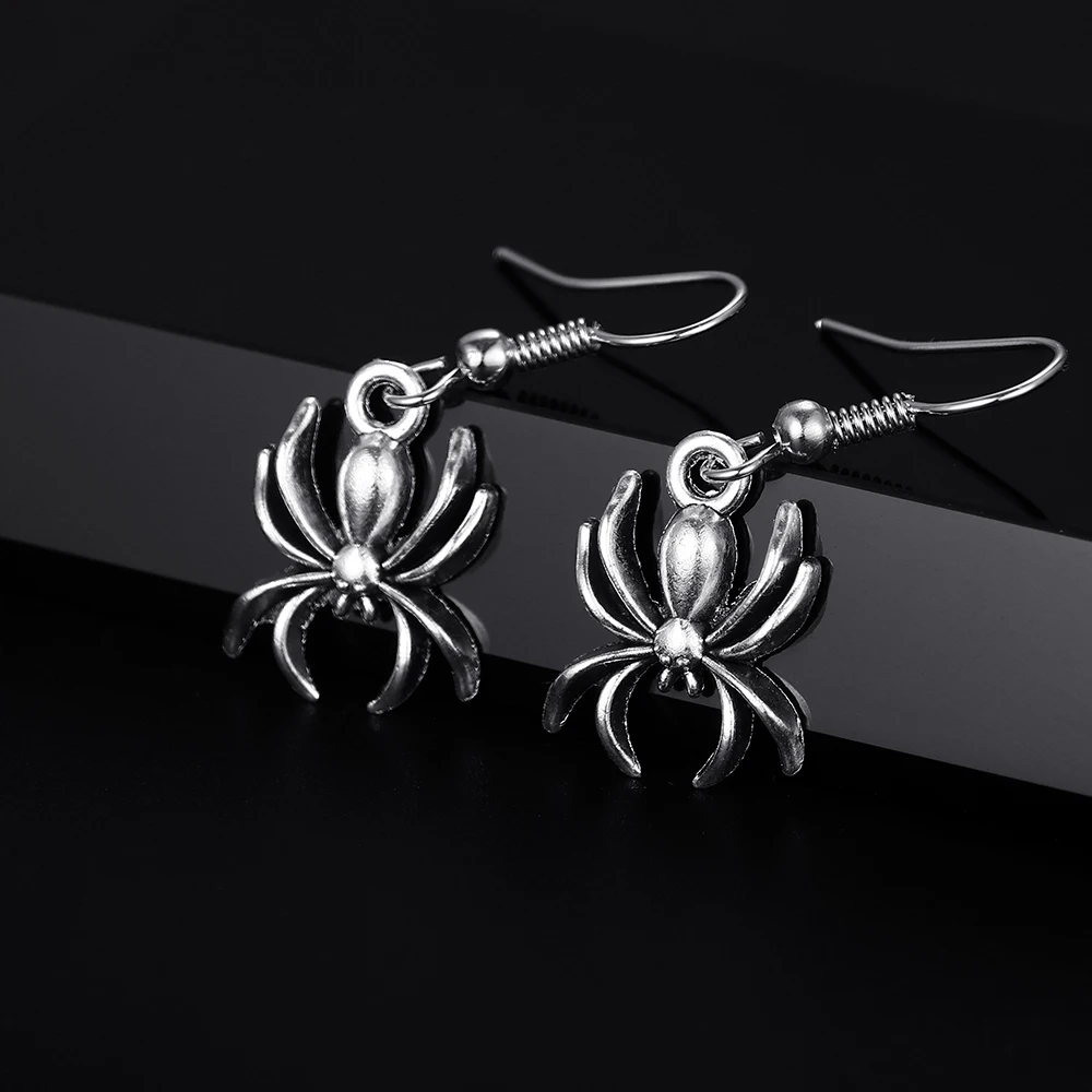 Trendy Vintage Spider Shape Antique Silver Plated Punk Hiphop Rock Style Retro Drop Earrings for Women Girl & Man Party Jewelry