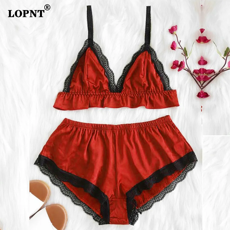 LOPNT Mulheres Pijamas de Renda Dividir Conjunto de Pijamas de Pano Brilhante Roupa de Dormir Sutiã Top + Shorts Lingerie Sexy Camisola Roupa